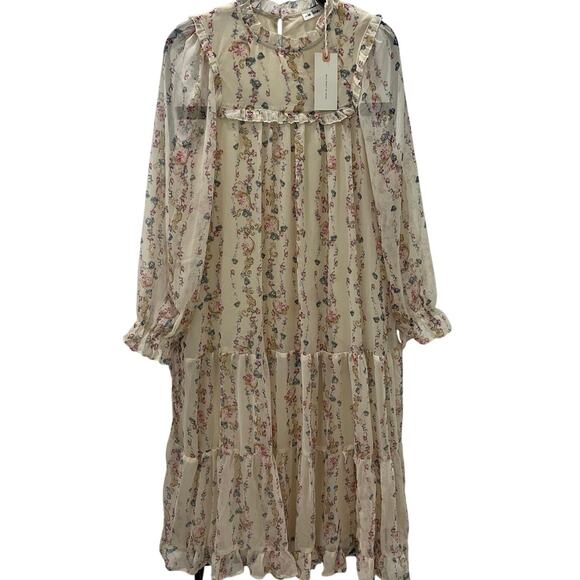 In Loom Women's MD Cream Floral Tiered Chiffon Overlay Babydoll Midi Dress NWT - Picture 1 of 9